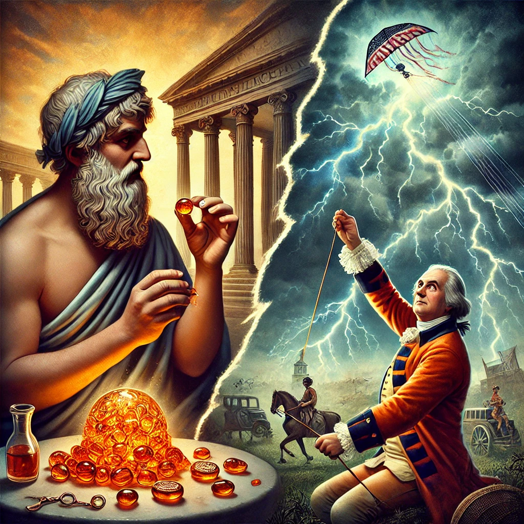 Thales dari Miletus dengan eksperimen listrik statis dan Benjamin Franklin dengan eksperimen layang-layang dalam badai. Semoga bermanfaat! ⚡