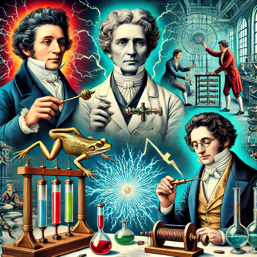 historis Luigi Galvani dengan eksperimen bioelektrik menggunakan kaki katak, Alessandro Volta merakit baterai pertama (voltaic pile), dan Michael Faraday mendemonstrasikan induksi elektromagnetik dengan kumparan dan magnet, menampilkan aksen warna untuk menyoroti efek listrik di setiap eksperimen.