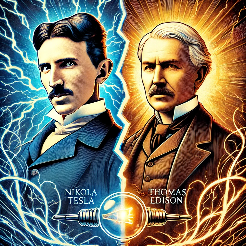 Nikola Tesla dan Thomas Edison dalam "Perang Arus," menampilkan Tesla dengan arus bolak-balik (AC) berwarna biru dan Edison dengan arus searah (DC) berwarna kuning, melambangkan persaingan teknologi listrik mereka.