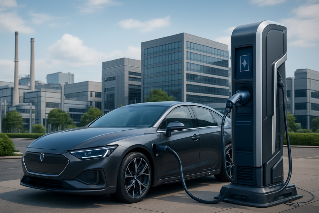 mobil listrik sedang mengisi daya di charging station