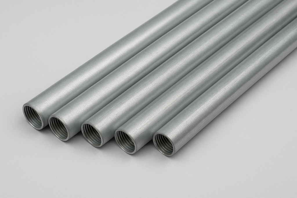 Ilustrasi lima pipa conduit logam galvanis berjajar diagonal dengan permukaan berulir, digunakan untuk instalasi listrik industri.