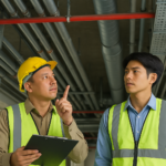 Ilustrasi dua teknisi profesional sedang mengecek instalasi sistem MEP (Mechanical, Electrical, Plumbing) di area proyek gedung