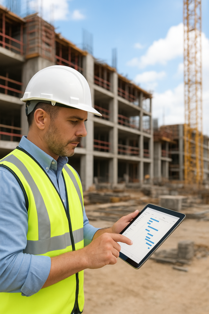 project manager mengawasi timeline konstruksi dengan tablet