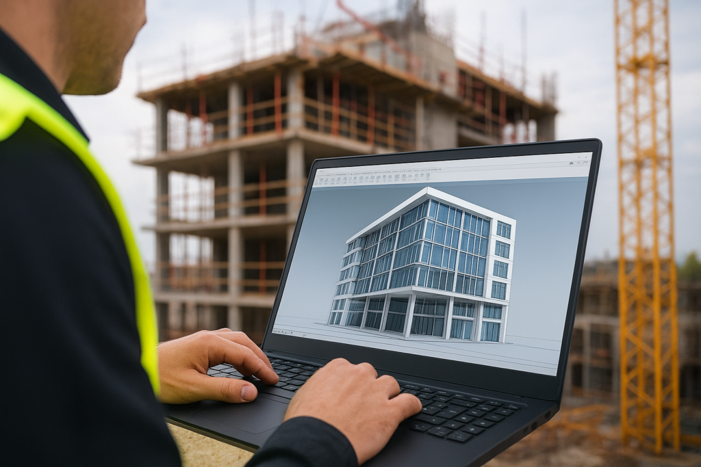 visualisasi 3D BIM pada layar laptop untuk desain bangunan