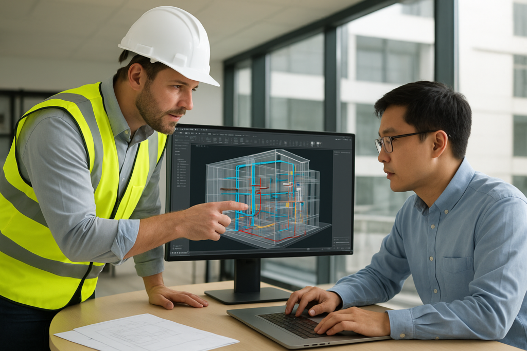 insinyur sipil dan teknisi mep berkolaborasi di kantor desain menggunakan teknologi bim untuk merancang sistem konstruksi modern yang efisien