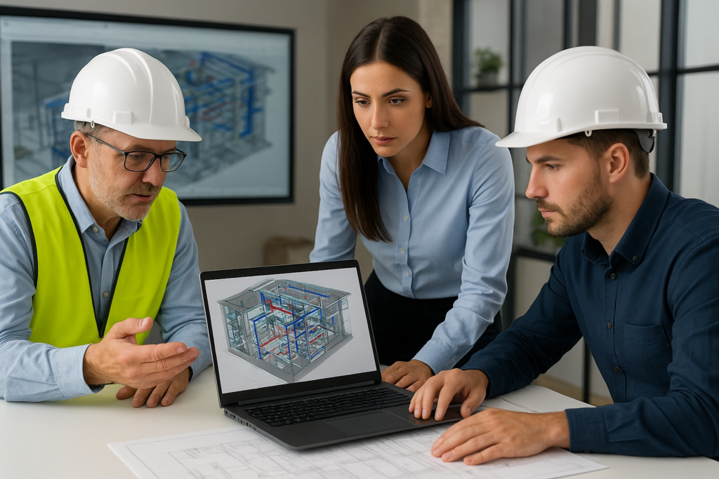 Tim insinyur sipil dan teknisi MEP berkolaborasi menggunakan teknologi BIM untuk merancang sistem konstruksi modern yang efisien