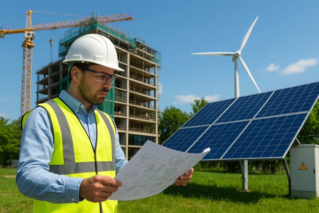 Insinyur memantau proyek pembangunan berkelanjutan dengan sistem energi efisien dan teknologi hijau