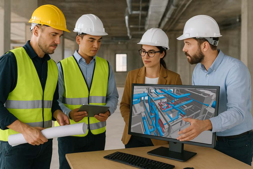 Ilustrasi kerja sama tim konstruksi dan MEP dalam merancang infrastruktur cerdas menggunakan teknologi BIM