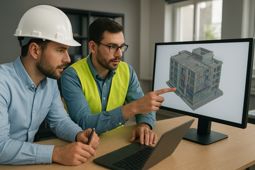 Tim insinyur sipil dan teknisi MEP berkolaborasi menggunakan teknologi BIM untuk merancang proyek infrastruktur cerdas di kantor desain
