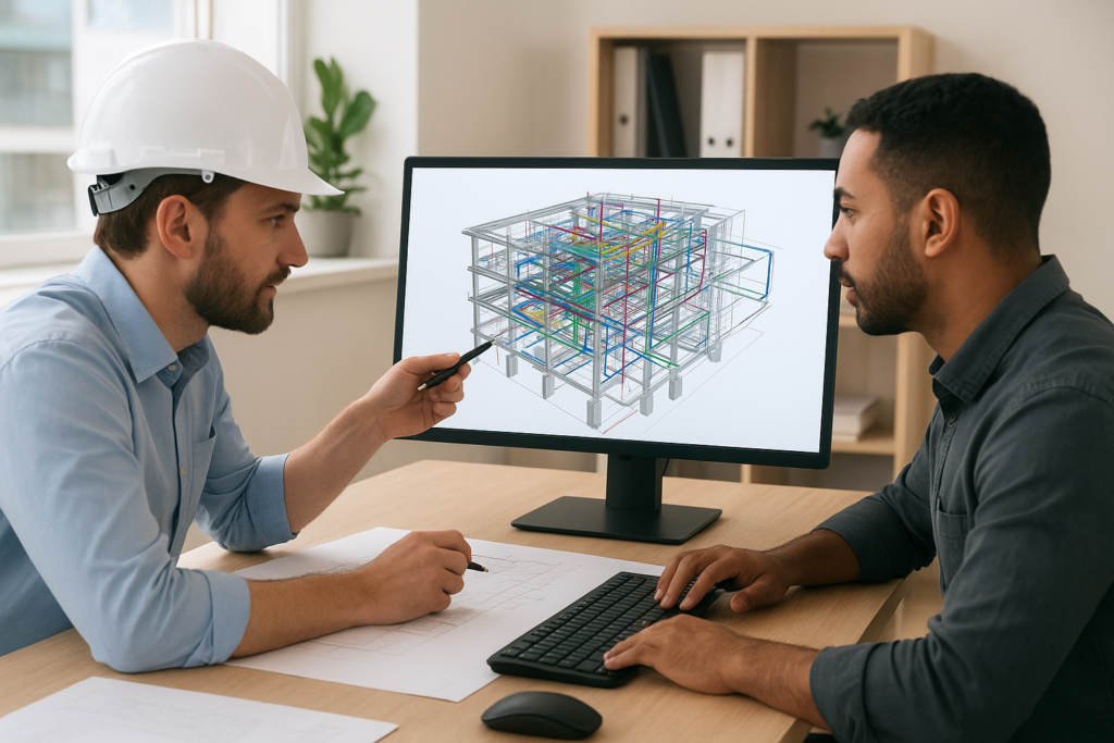 insinyur sipil dan teknisi mep berkolaborasi di kantor desain menggunakan teknologi bim untuk merancang proyek infrastruktur cerdas