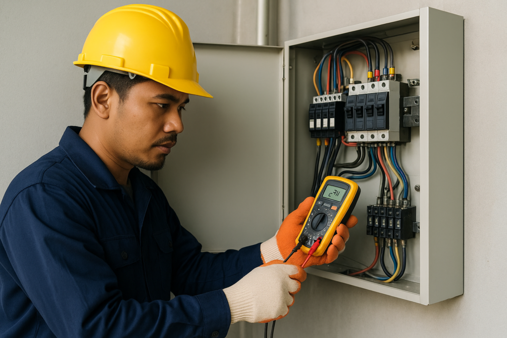 teknisi listrik memeriksa panel listrik menggunakan multimeter untuk memastikan keamanan dan efisiensi sistem bangunan