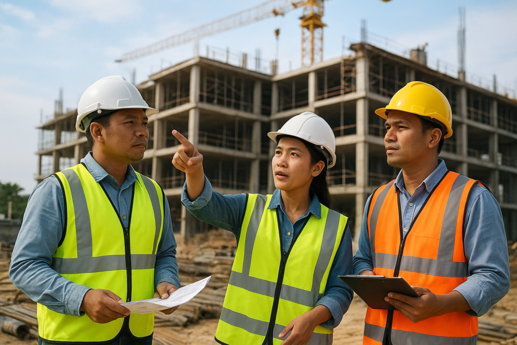 tim proyek konstruksi melakukan pengawasan pembangunan gedung