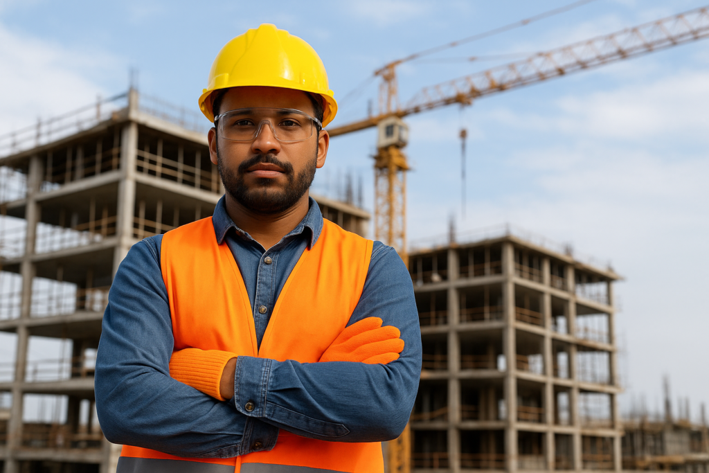 pekerja konstruksi menggunakan apd sesuai standar keamanan kerja