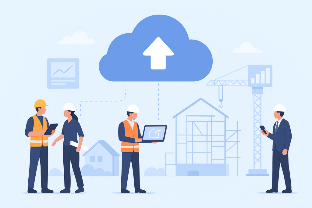 ilustrasi teknologi cloud dalam proyek konstruksi modern yang meningkatkan efisiensi dan kolaborasi tim