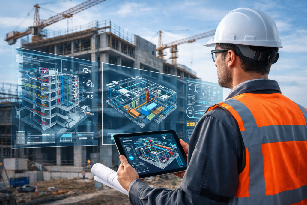 Insinyur konstruksi memantau proyek pembangunan modern menggunakan teknologi BIM dan sistem MEP terintegrasi di tahun 2026