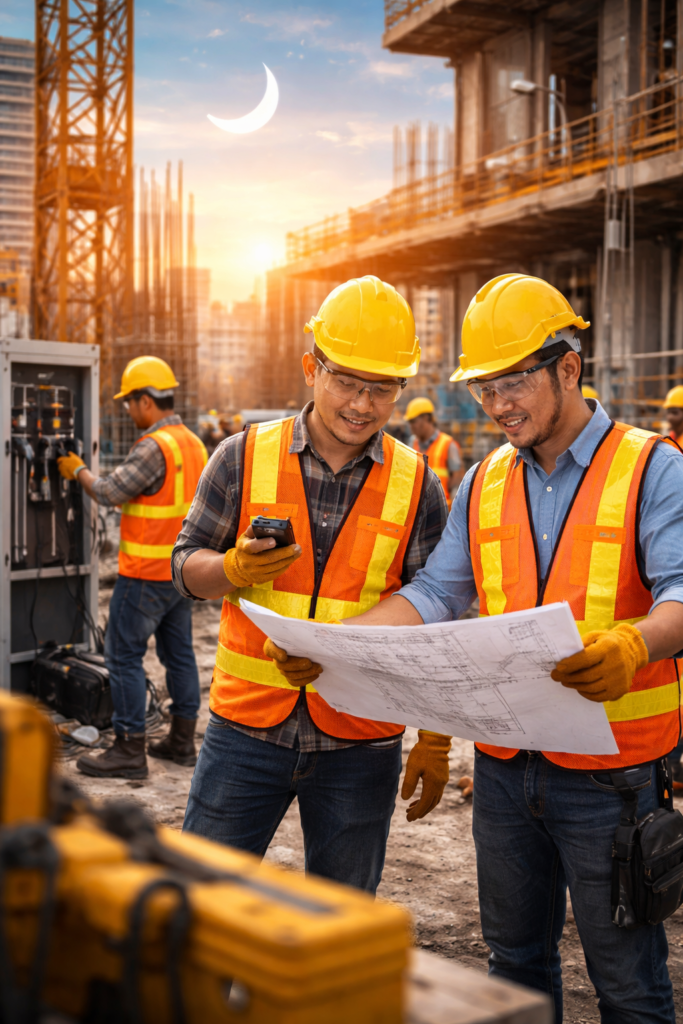 Tim konstruksi profesional bekerja di proyek bangunan saat bulan puasa dengan perlengkapan keselamatan lengkap