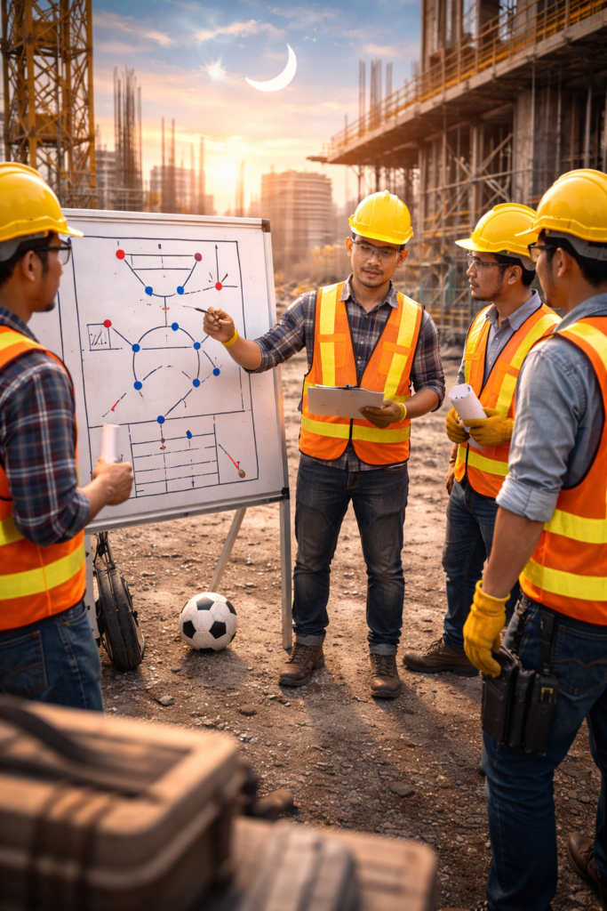 Tim manajemen proyek konstruksi berdiskusi strategi di lapangan seperti tim sepak bola sebelum pertandingan dimulai