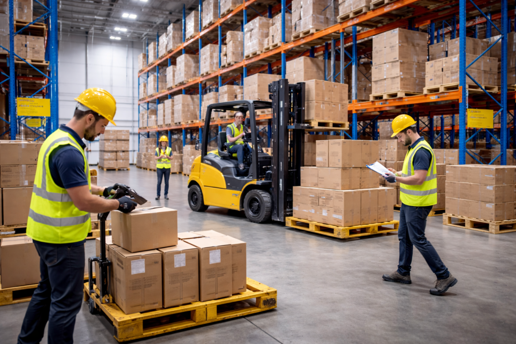 kegiatan logistik di gudang dengan pekerja dan forklift