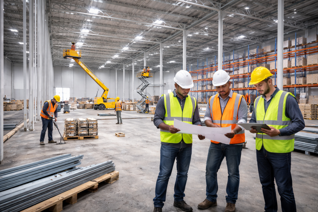 proses pembangunan gudang oleh tim kontraktor profesional