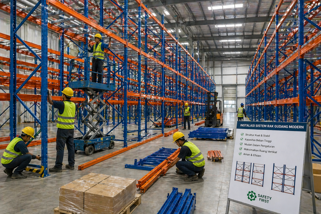 instalasi sistem rak gudang modern