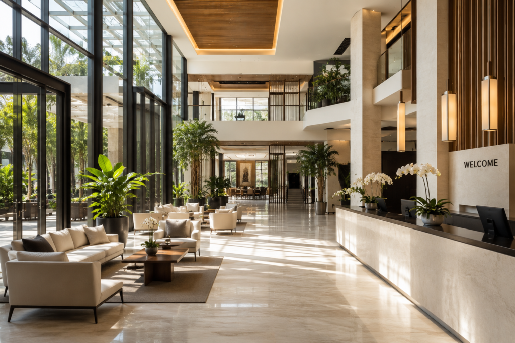 lobby hotel modern dengan pencahayaan alami