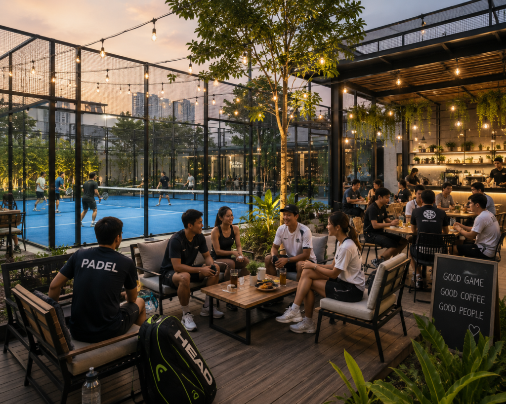 suasana komunitas olahraga di area padel dan kafe