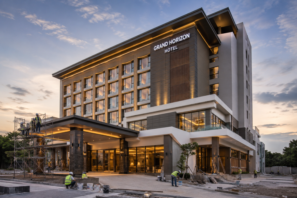 hotel modern dalam tahap finishing konstruksi