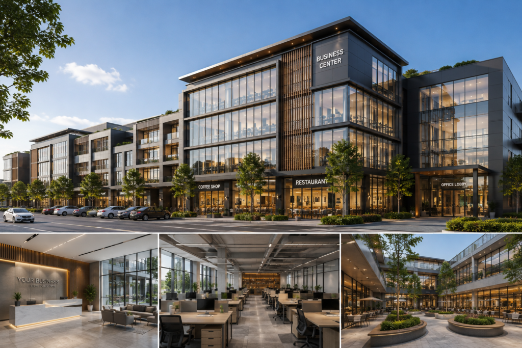 desain kantor dan bangunan komersial modern untuk bisnis