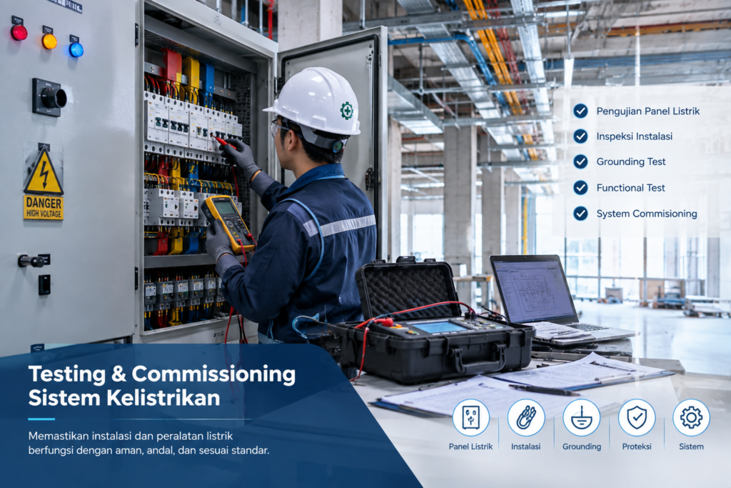 Testing dan commissioning sistem kelistrikan pada panel dan instalasi listrik bangunan